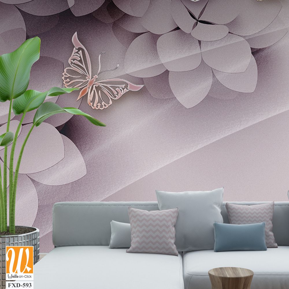 Beautiful flowers, butterflies, and pink pearls Wallpaper [WP-FXD-593]