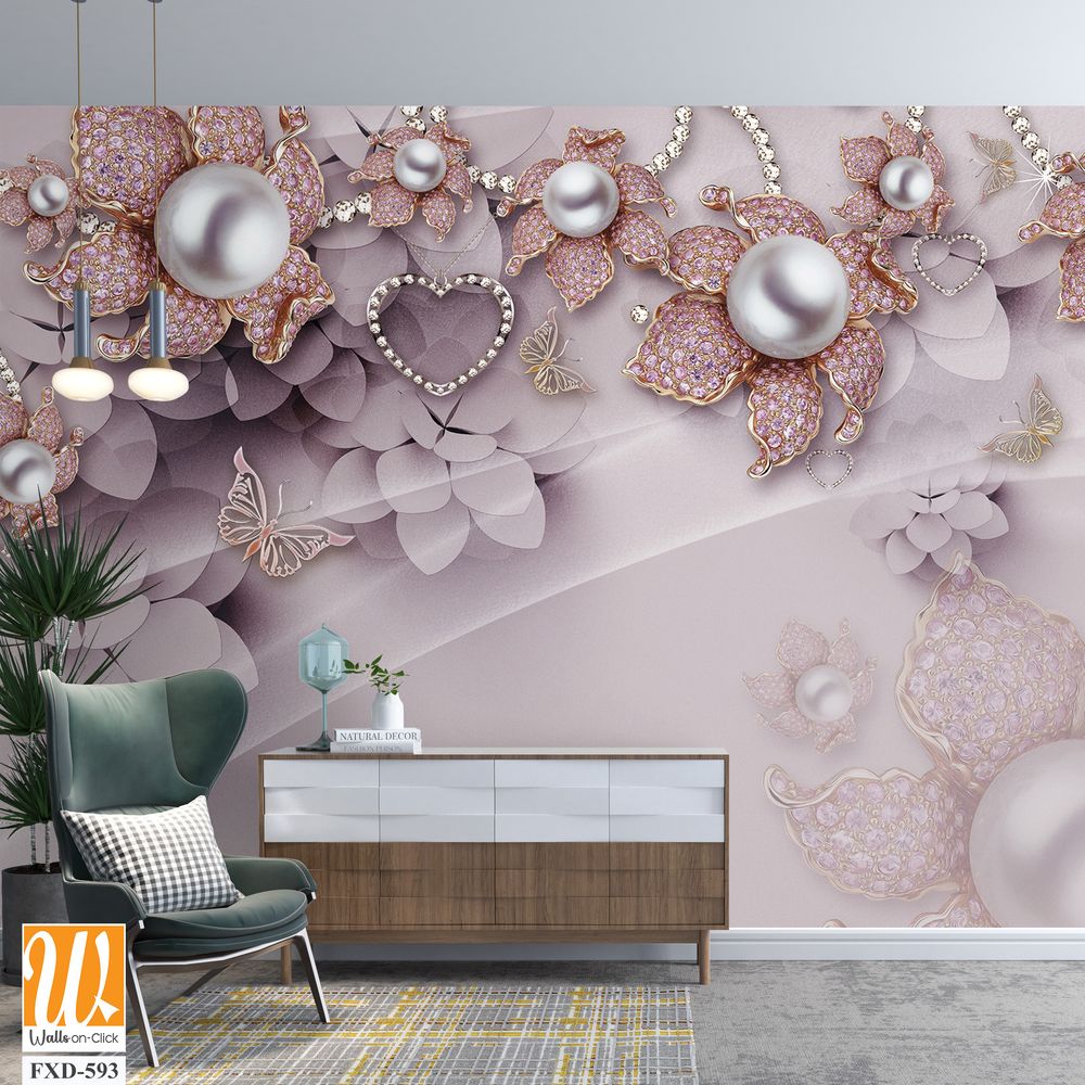 Beautiful flowers, butterflies, and pink pearls Wallpaper [WP-FXD-593]