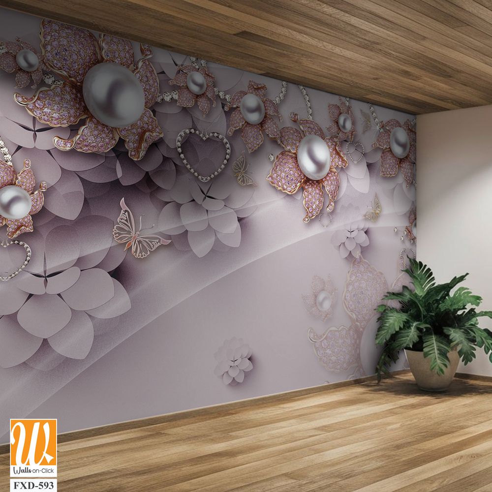 Beautiful flowers, butterflies, and pink pearls Wallpaper [WP-FXD-593]