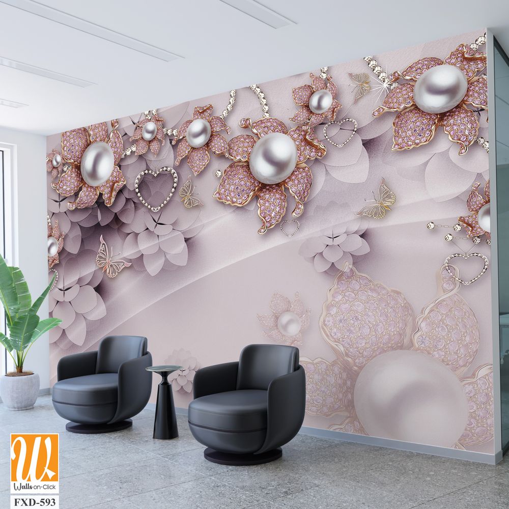Beautiful flowers, butterflies, and pink pearls Wallpaper [WP-FXD-593]