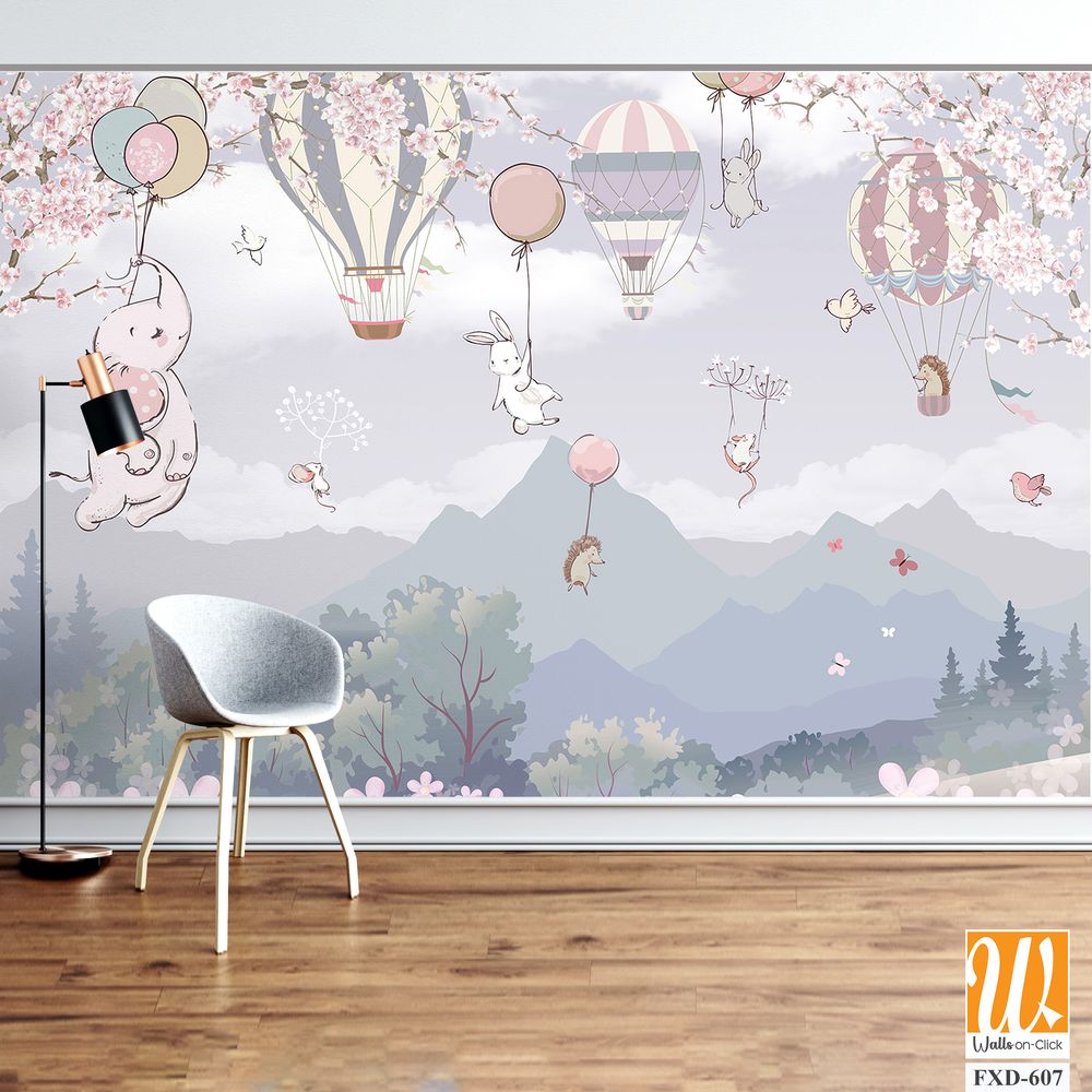 Cute baby animals flying in hot air balloons Wallpaper [WP-FXD-607]