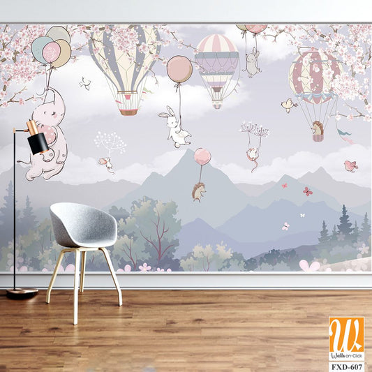 Cute baby animals flying in hot air balloons Wallpaper [WP-FXD-607]