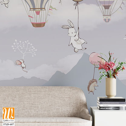 Cute baby animals flying in hot air balloons Wallpaper [WP-FXD-607]