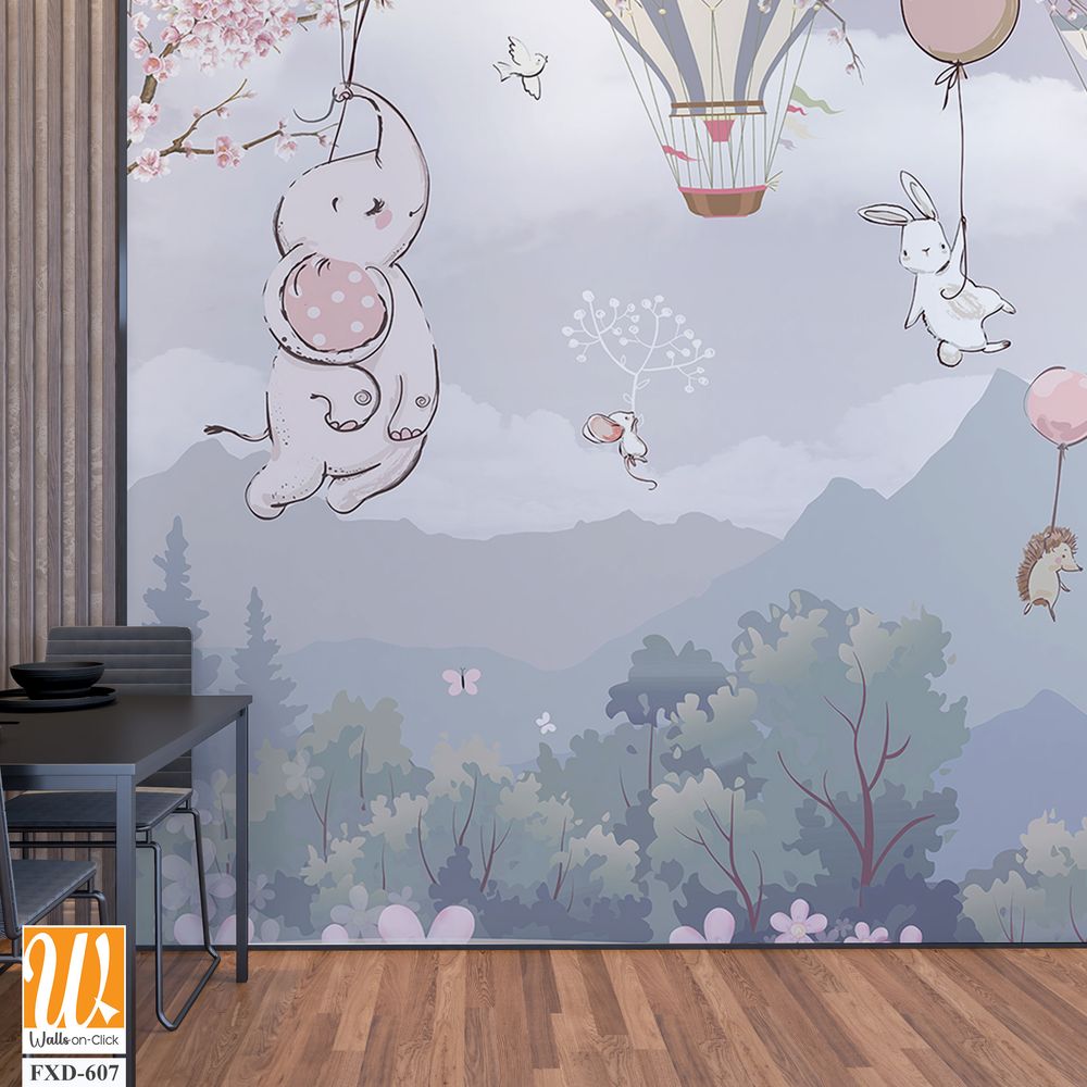 Cute baby animals flying in hot air balloons Wallpaper [WP-FXD-607]