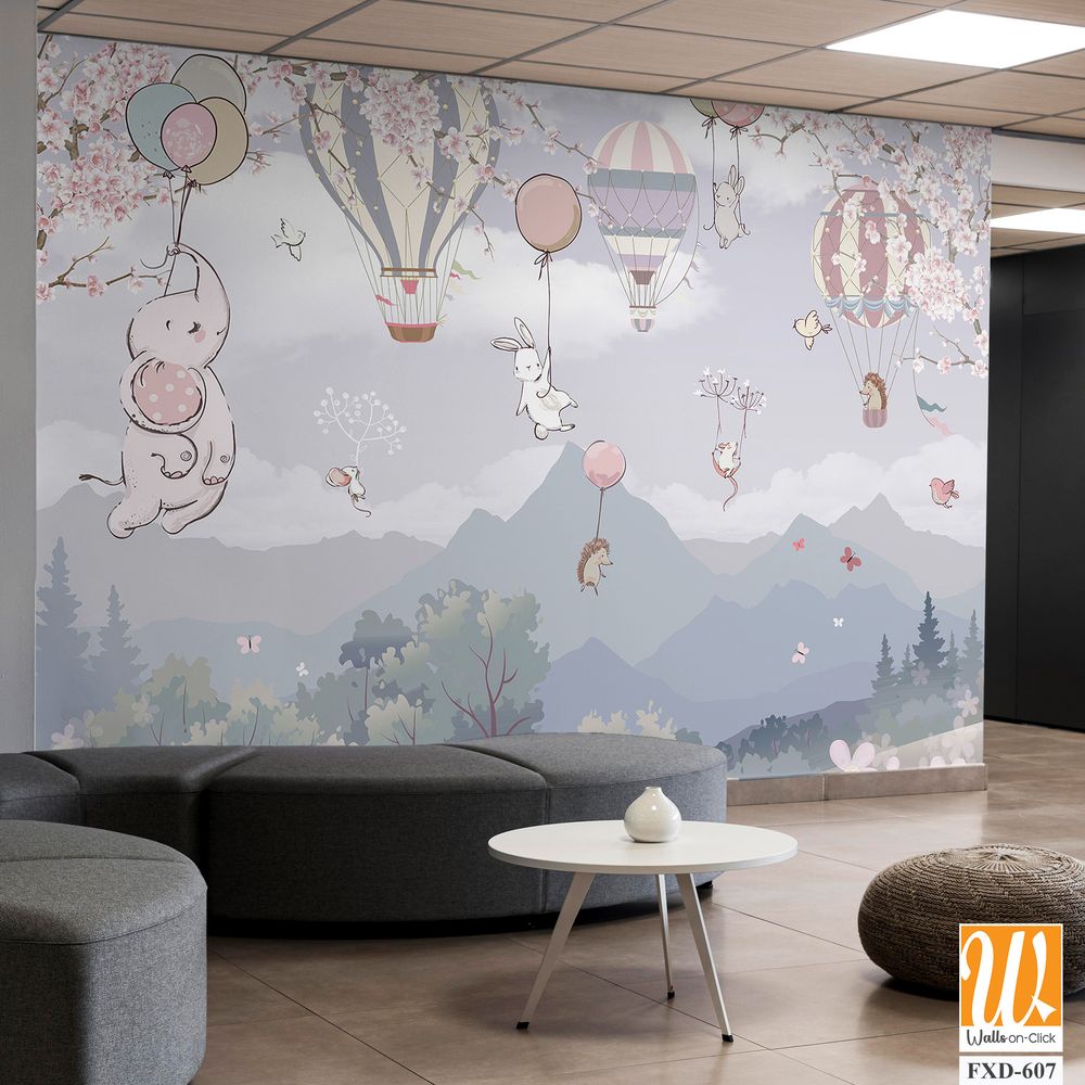 Cute baby animals flying in hot air balloons Wallpaper [WP-FXD-607]