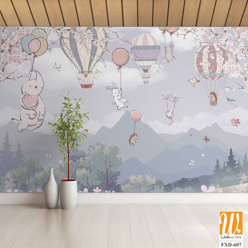 Cute baby animals flying in hot air balloons Wallpaper [WP-FXD-607]