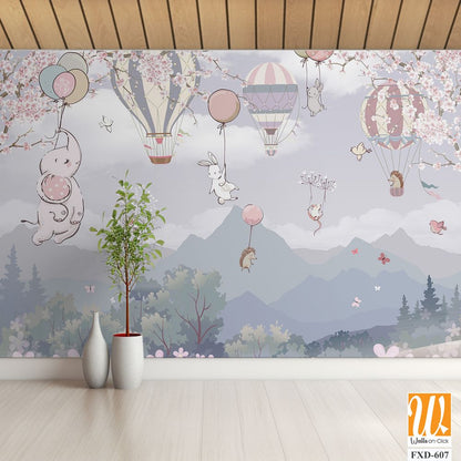 Cute baby animals flying in hot air balloons Wallpaper [WP-FXD-607]