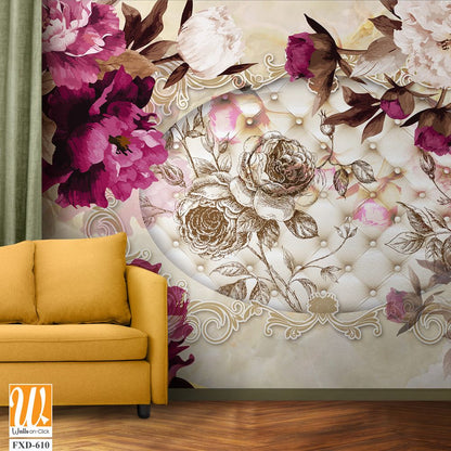 3D Vintage Peonies and Pearls Wall Mural Wallpaper [WP-FXD-610]