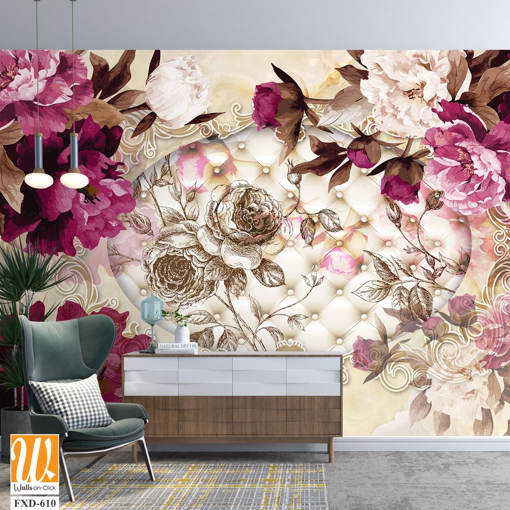 3D Vintage Peonies and Pearls Wall Mural Wallpaper [WP-FXD-610]