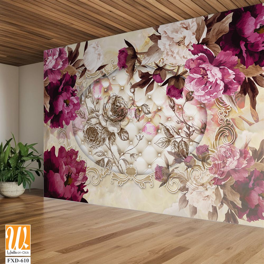 3D Vintage Peonies and Pearls Wall Mural Wallpaper [WP-FXD-610]