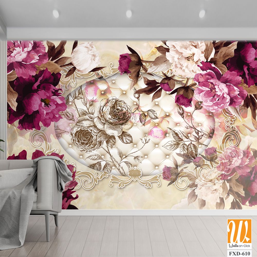 3D Vintage Peonies and Pearls Wall Mural Wallpaper [WP-FXD-610]