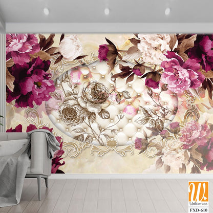 3D Vintage Peonies and Pearls Wall Mural Wallpaper [WP-FXD-610]