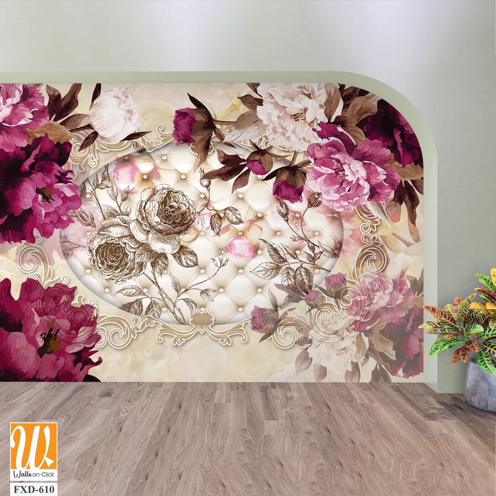3D Vintage Peonies and Pearls Wall Mural Wallpaper [WP-FXD-610]
