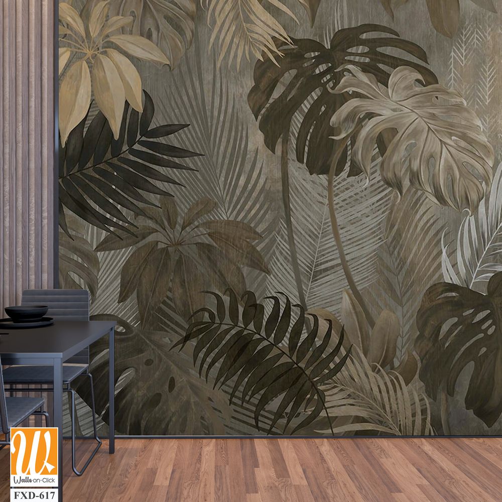 Watercolor, jungle leaves pattern on a grey background Wallpaper [WP-FXD-617]