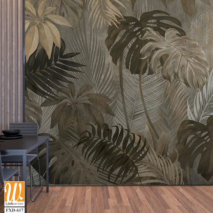 Watercolor, jungle leaves pattern on a grey background Wallpaper [WP-FXD-617]