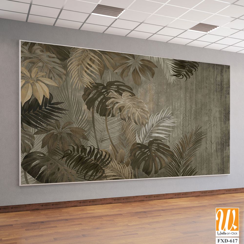 Watercolor, jungle leaves pattern on a grey background Wallpaper [WP-FXD-617]