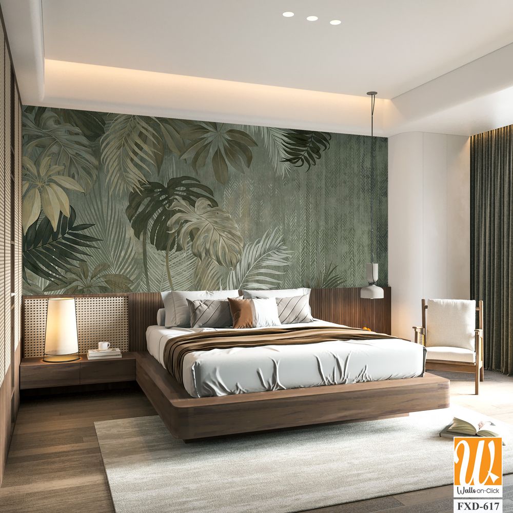 Watercolor, jungle leaves pattern on a grey background Wallpaper [WP-FXD-617]