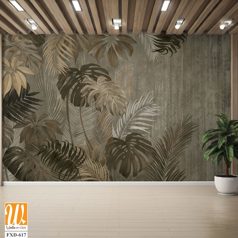 Watercolor, jungle leaves pattern on a grey background Wallpaper [WP-FXD-617]