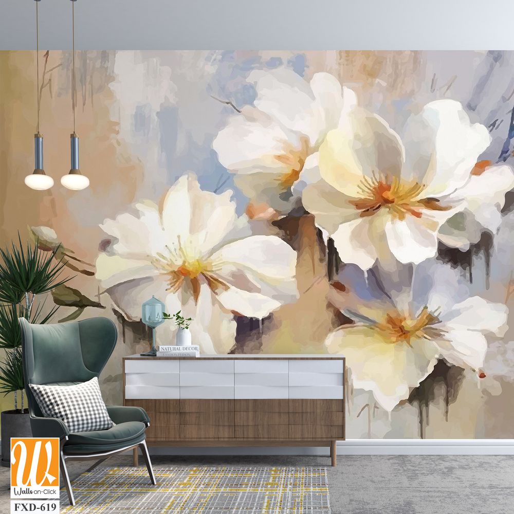 Oil painting of white flowers, with bold brush strokes Wallpaper [WP-FXD-619]