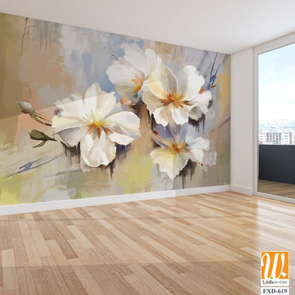 Oil painting of white flowers, with bold brush strokes Wallpaper [WP-FXD-619]