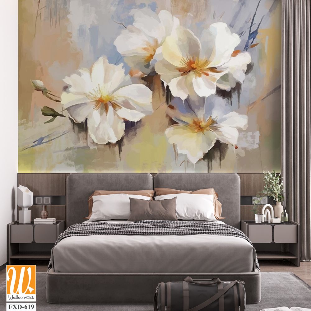 Oil painting of white flowers, with bold brush strokes Wallpaper [WP-FXD-619]