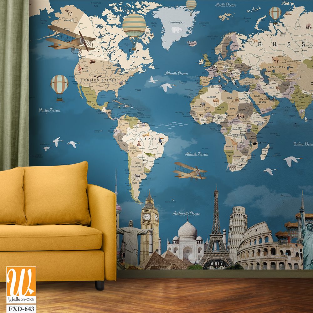 World map with famous landmarks and artwork Wallpaper [WP-FXD-643]