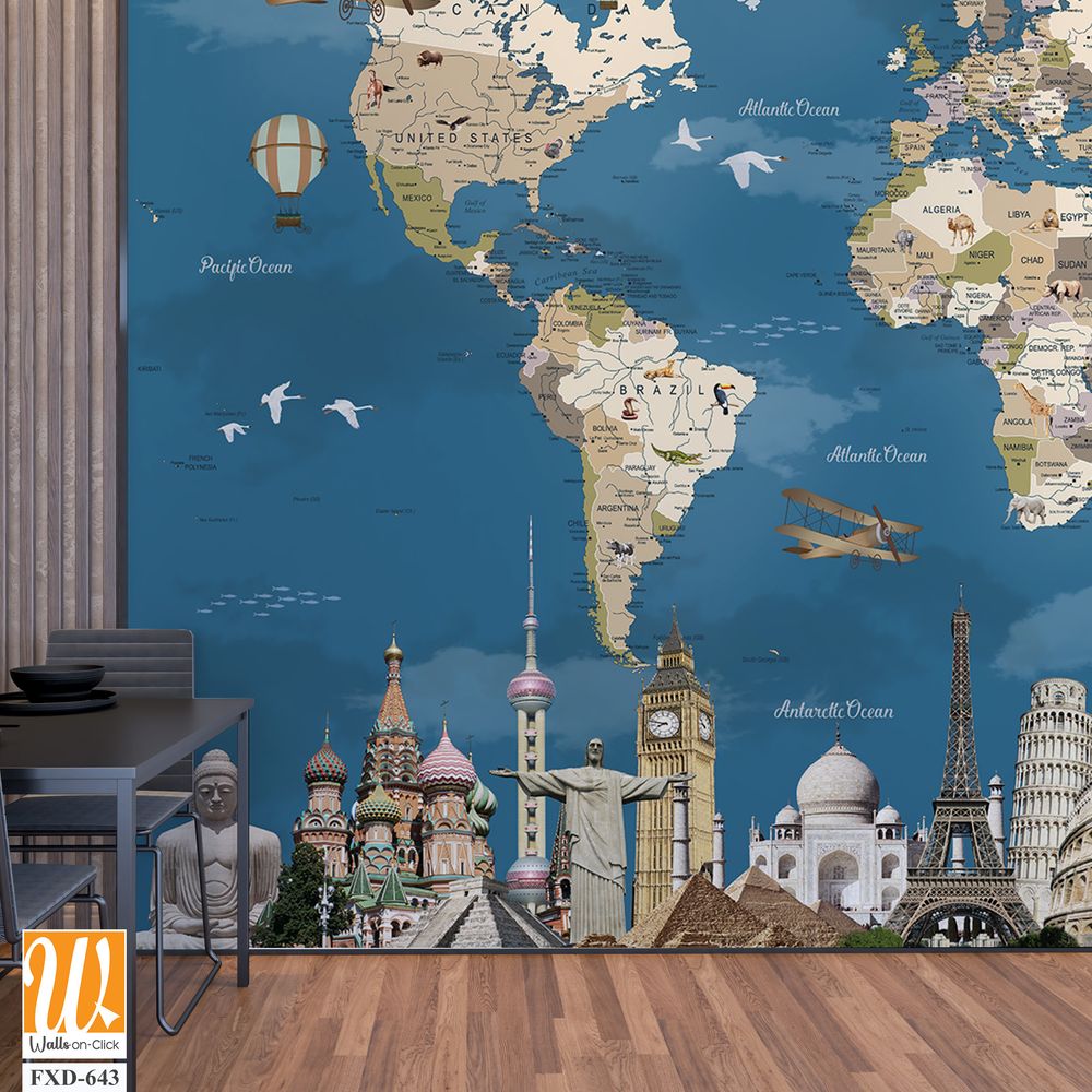 World map with famous landmarks and artwork Wallpaper [WP-FXD-643]