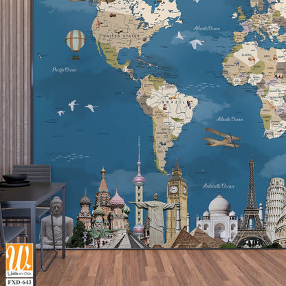 World map with famous landmarks and artwork Wallpaper [WP-FXD-643]