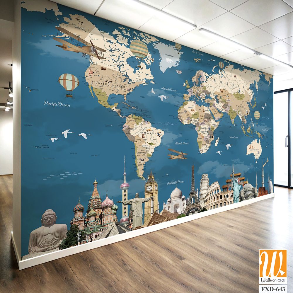 World map with famous landmarks and artwork Wallpaper [WP-FXD-643]