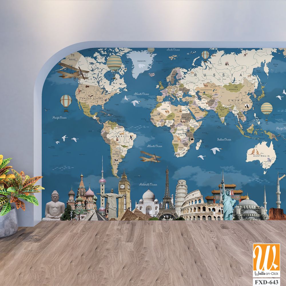 World map with famous landmarks and artwork Wallpaper [WP-FXD-643]