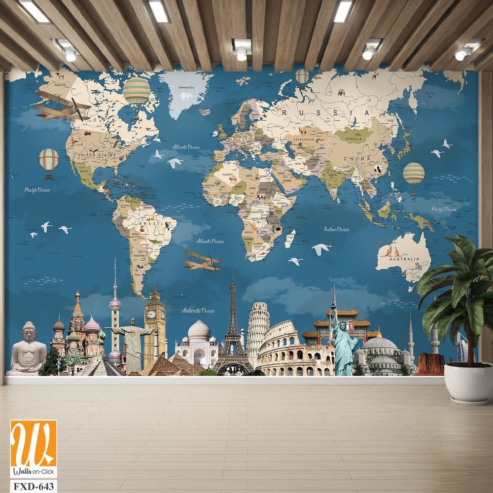 World map with famous landmarks and artwork Wallpaper [WP-FXD-643]