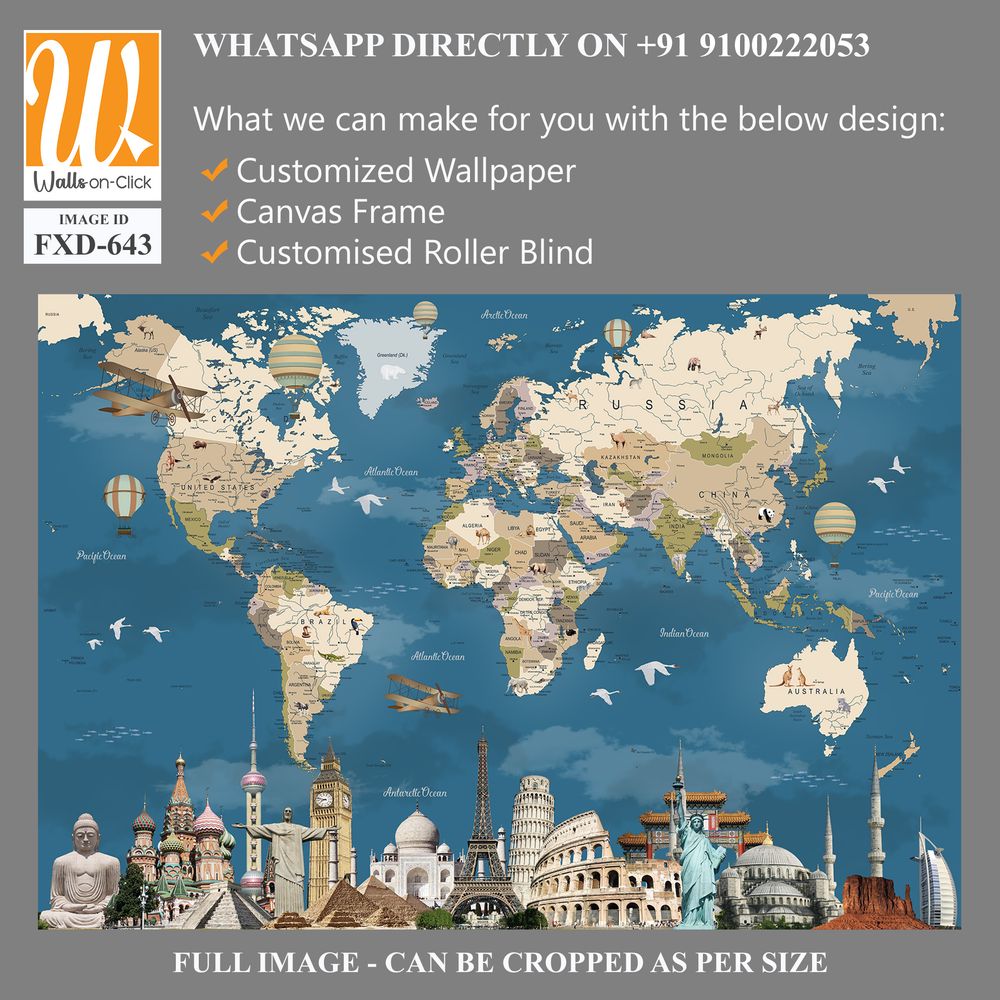 World map with famous landmarks and artwork Wallpaper [WP-FXD-643]