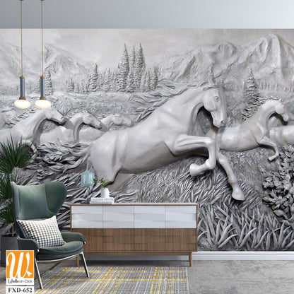 3D relief, 7 horses running in the mountains Wallpaper [WP-FXD-652]