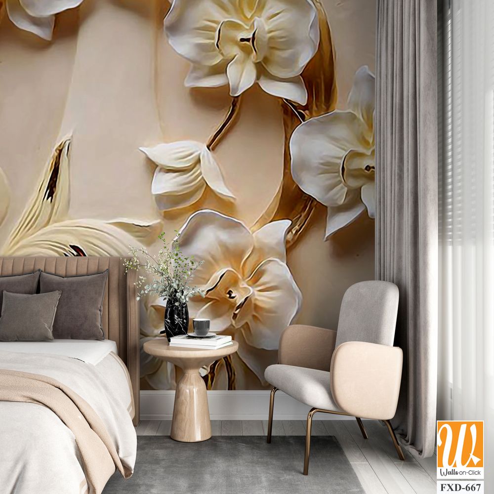 3D golden orchid flowers and leaves pattern Wallpaper [WP-FXD-667]