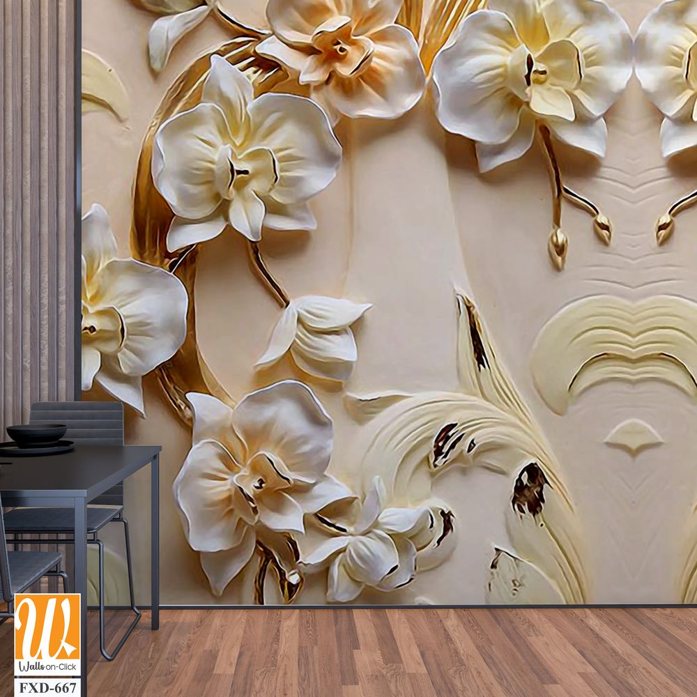 3D golden orchid flowers and leaves pattern Wallpaper [WP-FXD-667]