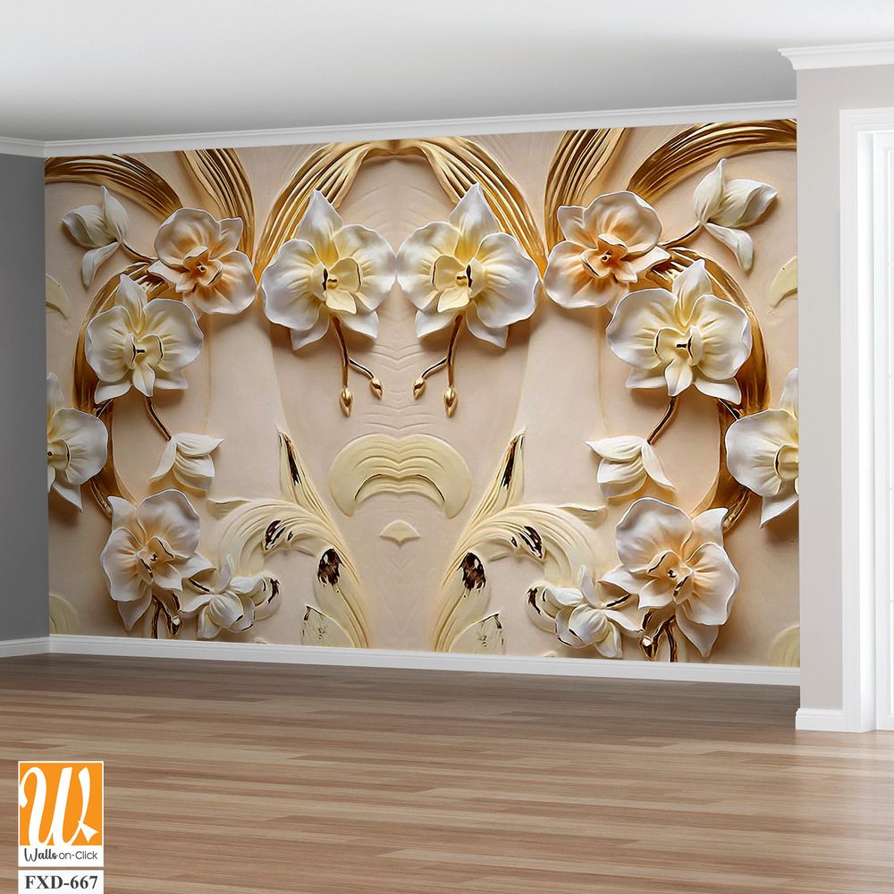 3D golden orchid flowers and leaves pattern Wallpaper [WP-FXD-667]