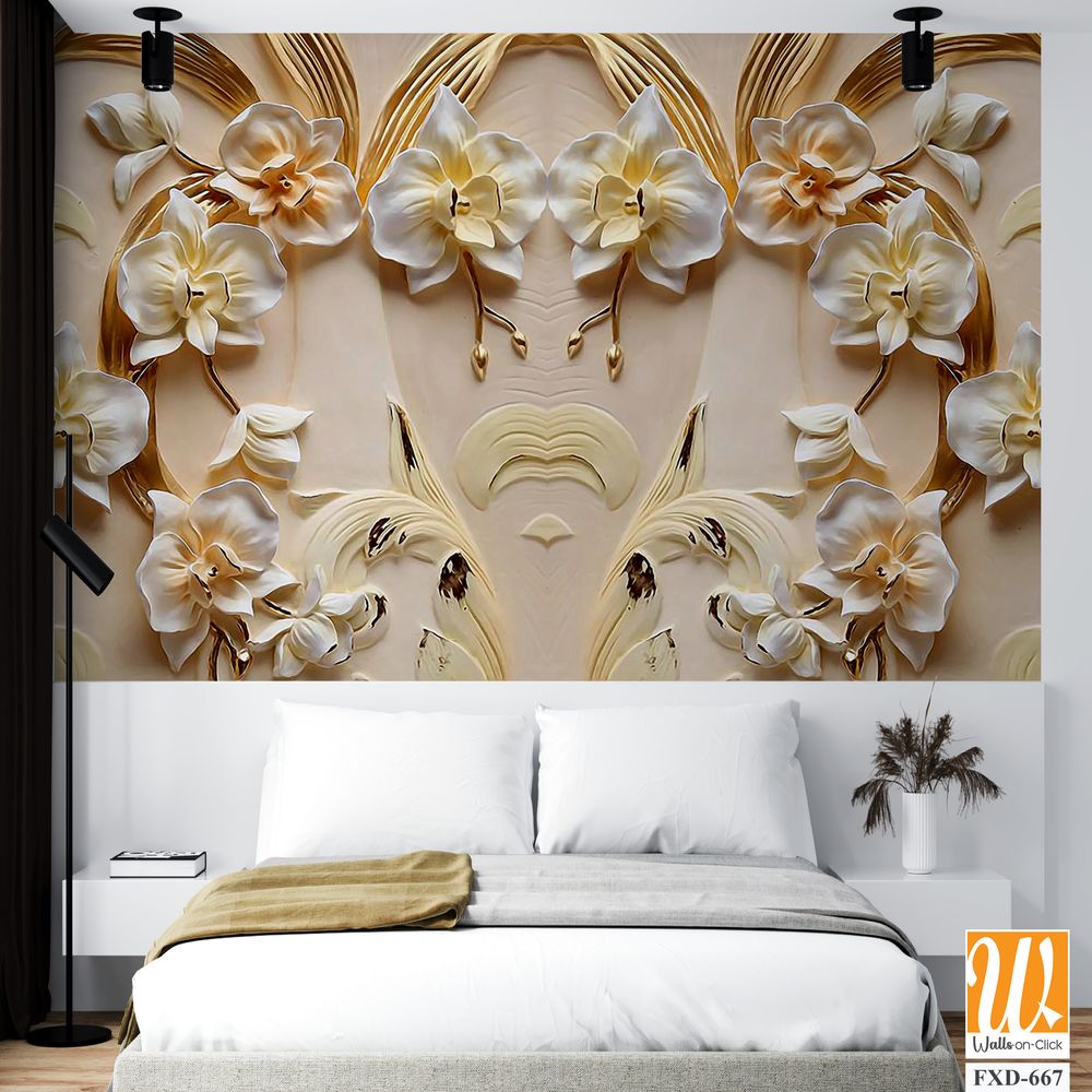 3D golden orchid flowers and leaves pattern Wallpaper [WP-FXD-667]