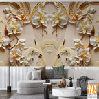 3D golden orchid flowers and leaves pattern Wallpaper [WP-FXD-667]
