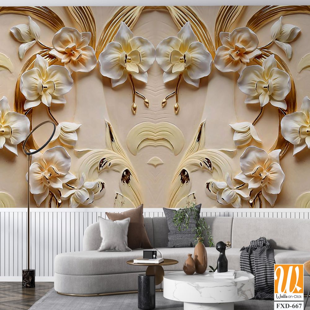 3D golden orchid flowers and leaves pattern Wallpaper [WP-FXD-667]