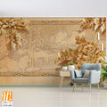 Golden wood carving wall background with peonies Wallpaper [WP-FXD-680]