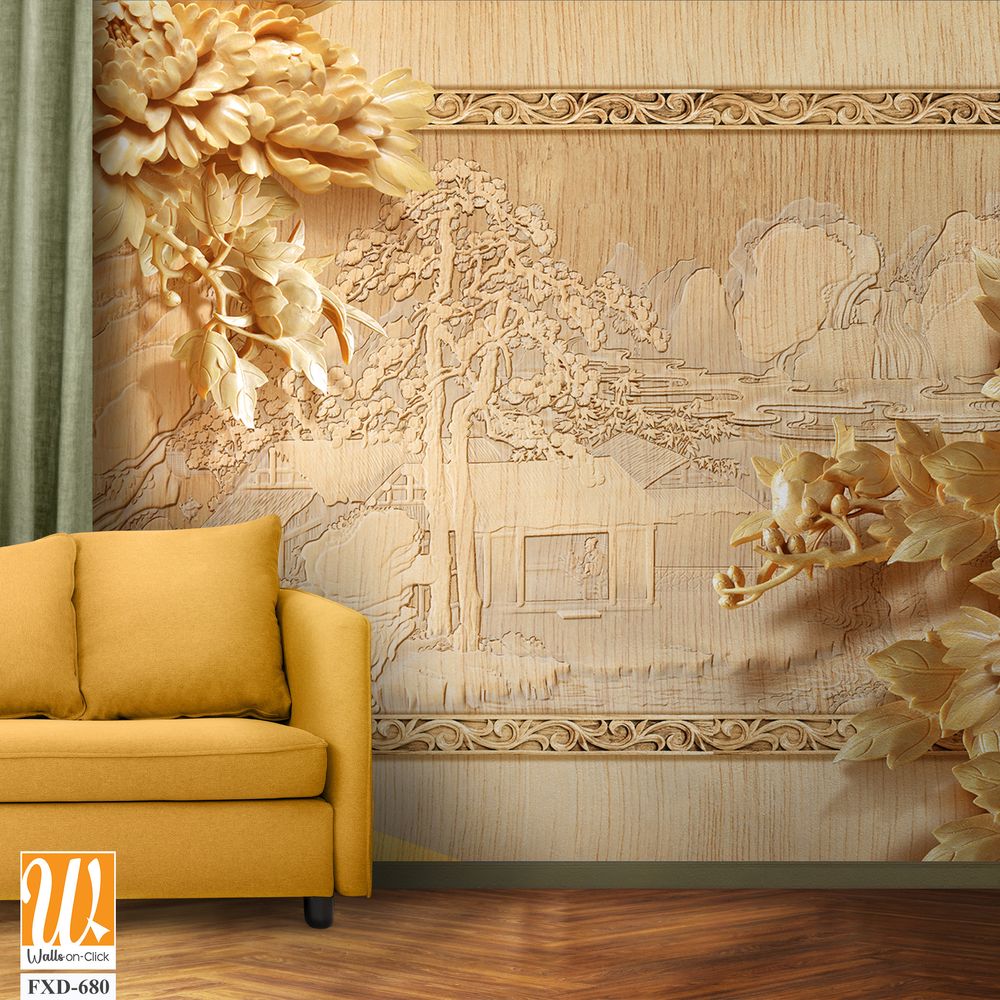 Golden wood carving wall background with peonies Wallpaper [WP-FXD-680]
