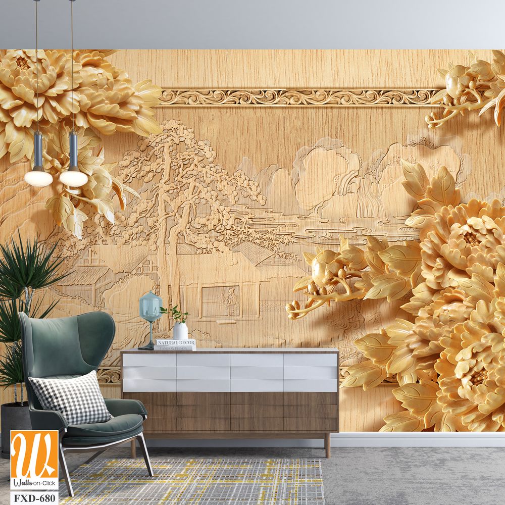 Golden wood carving wall background with peonies Wallpaper [WP-FXD-680]