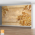 Golden wood carving wall background with peonies Wallpaper [WP-FXD-680]