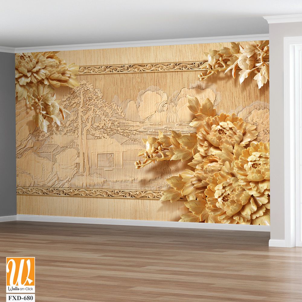 Golden wood carving wall background with peonies Wallpaper [WP-FXD-680]