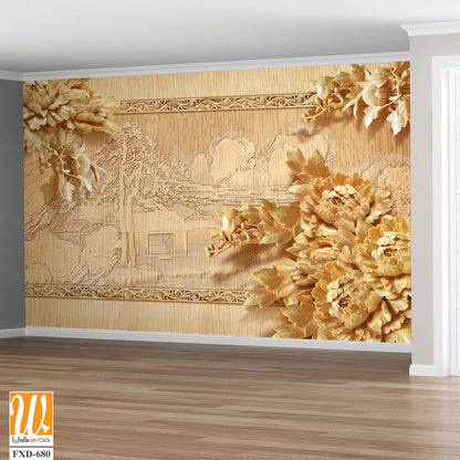 Golden wood carving wall background with peonies Wallpaper [WP-FXD-680]