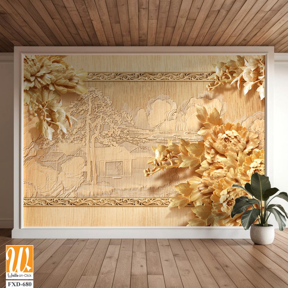 Golden wood carving wall background with peonies Wallpaper [WP-FXD-680]