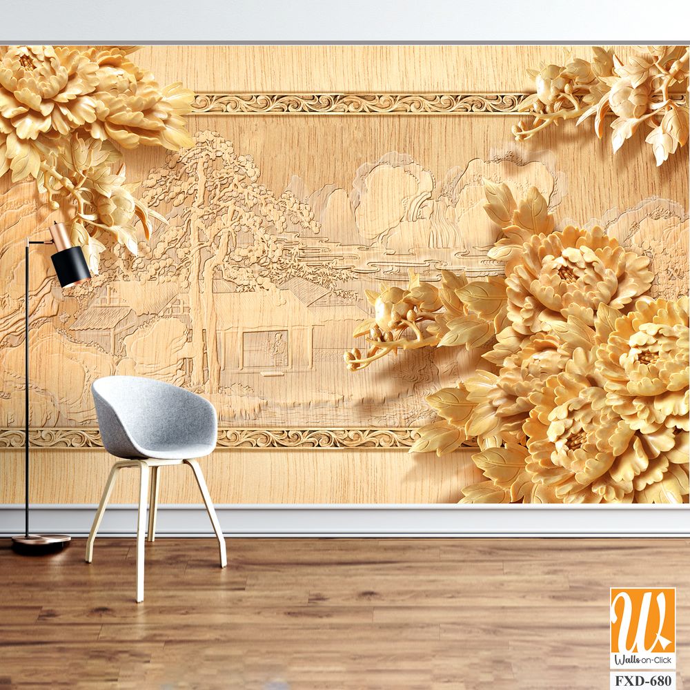 Golden wood carving wall background with peonies Wallpaper [WP-FXD-680]