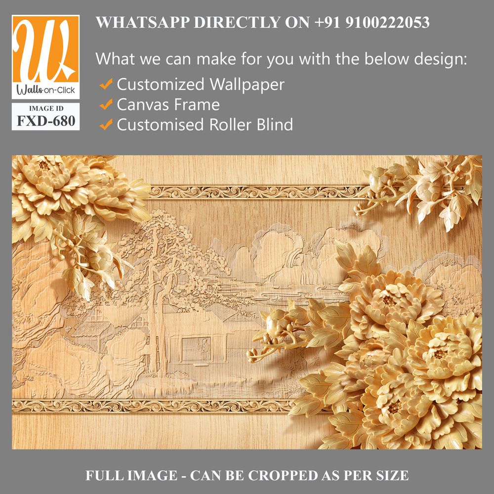 Golden wood carving wall background with peonies Wallpaper [WP-FXD-680]
