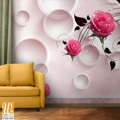 3D modern pink roses with white circles Wallpaper [WP-FXD-689]