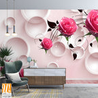 3D modern pink roses with white circles Wallpaper [WP-FXD-689]